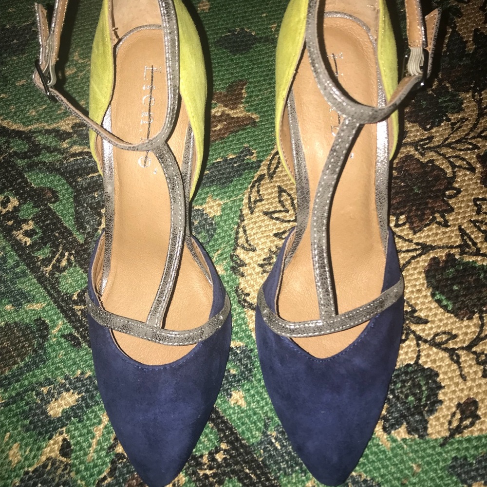 Anthro Lien Do Mixed Media T-Strap Heels Sz 6 Euc - Picture 2 of 8